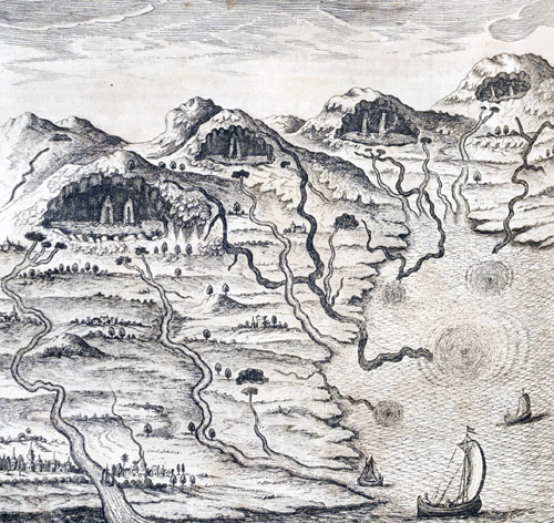 3. Where Rivers Come From. The action of the wind causes the sea to form whirlpools, driving the water inland through underground channels. These disgorge in huge caverns beneath the mountains, whence the water issues as rivers and returns to the sea. (Mundus Subterraneus, 1665, I, 254)